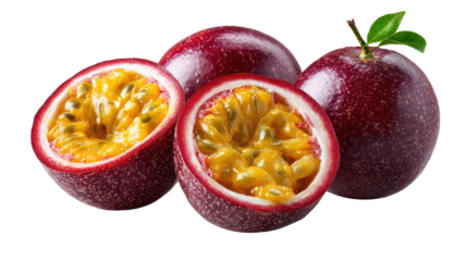 Passion Fruit Delights: An array of ripe passion fruits, with one elegantly sliced open to reveal its tantalizing pulp, showcasing nature's vibrant flavors.