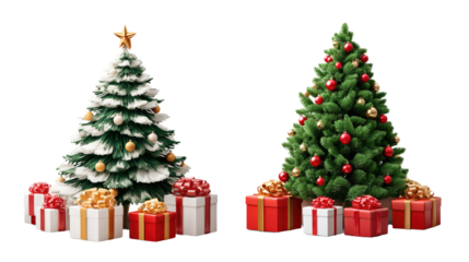 Festive Christmas Trees and Gifts: Two beautifully adorned Christmas trees, each with its unique charm, stand surrounded by an array of colorful gift boxes.