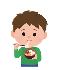 お雑煮を食べる男の子　イラスト