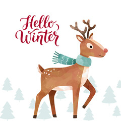 Christmas card with cute watercolor deer in scarf. Fairytale holiday greeting card with lettering Hello winter.