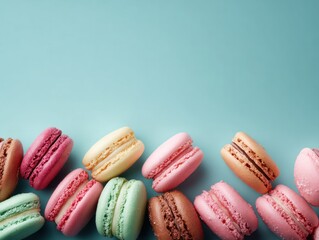 Obraz premium Delightful macarons display bakery food photography colorful environment eye-level view sweet treats concept