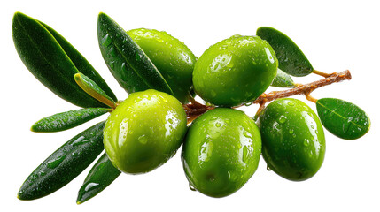 Obraz premium Olive Branch: A close-up showcases a branch of vibrant green olives, their glossy skins glistening with droplets, accompanied by verdant leaves, symbolizing peace and abundance.