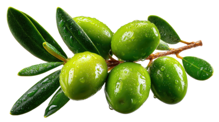 Olive Branch: A close-up showcases a branch of vibrant green olives, their glossy skins glistening with droplets, accompanied by verdant leaves, symbolizing peace and abundance.