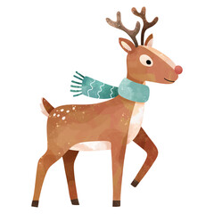 Cute reindeer in warm scarf. Watercolor christmas illustration of funny animal. Festive winter mood.