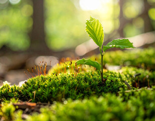 森の地面に生える緑の苔と小さな植物