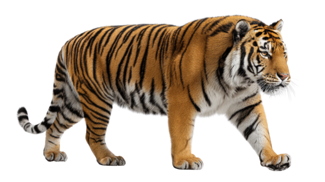 Majestic Tiger in motion: A powerful and captivating image showcasing a full-bodied tiger, its striking orange and black stripes, walking with confidence, symbolizing its strength and untamed beauty.