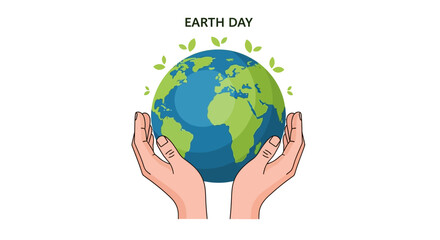 Two hands holding Earth globe with plant leaves Earth Day caption at top