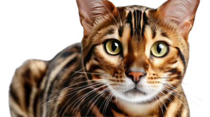 Bengal Cat: A close-up portrait of a domestic Bengal cat, with its striking spotted coat, mesmerizing gaze, showcasing the unique beauty of this breed.