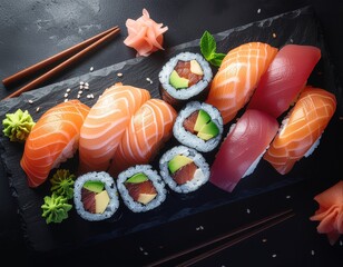 A variety of sushi rolls including salmon, tuna, and avocado, beautifully arranged on a dark slate platter. High quality food photo ideal for Japanese cuisine promotions, restaurant menus,