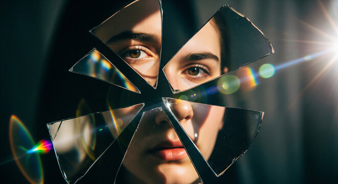 A portrait of a woman's face seen through scattered shards of mirror glass with a sun lens flare. Suitable for themes of identity, self-reflection, trauma, and inner conflict.