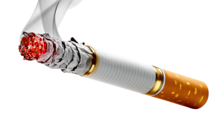 Cigarette Burning: A close-up view captures the burning tip of a cigarette, with wisps of smoke curling upwards. The image is a stark reminder of the dangers associated with smoking.