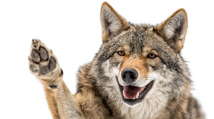 Fototapeta premium Red wolf smiling and giving a high five isolated on white