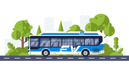 Blue electric bus on road surrounded by stylized green trees and city skyline © Rohim