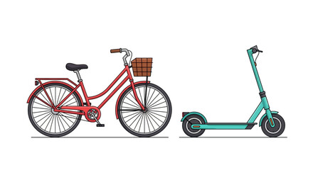 Cartoon bike and scooter side by side both facing left minimalist vector illustration style © Rohim
