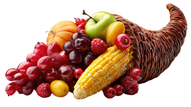 Abundance of Harvest: A bountiful cornucopia overflows with a vibrant array of fresh fruits, embodying the essence of nature's generosity and the richness of the harvest season.