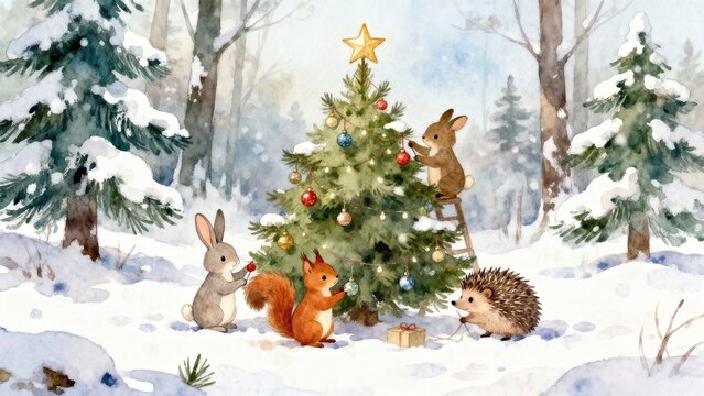 Watercolor forest animals decorate a snowy fir with lights and baubles, rabbit on ladder, hedgehog with gift, footprints in foreground, pines fading in background, festive winter fairytale atmosphere