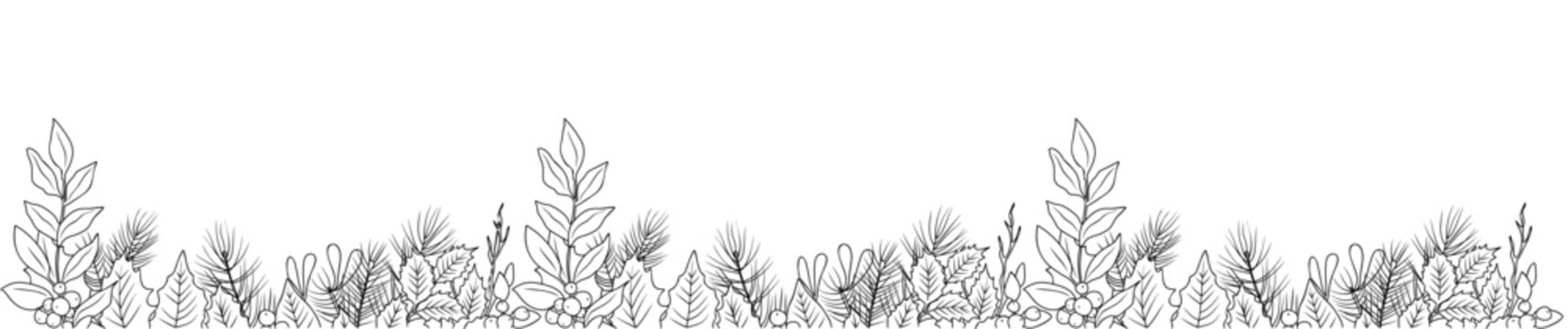 Minimalist black and white hand-drawn Christmas greenery border with pine branches and foliage, perfect for holiday cards, invitations, and decorative seasonal designs