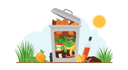 Compost bin filled with waste and worms surrounded by grass an apple and a wine bottle under the sun