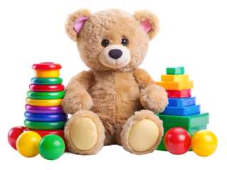colorful toys with teddy bear isolated on white background  ,PNG. AI Generated