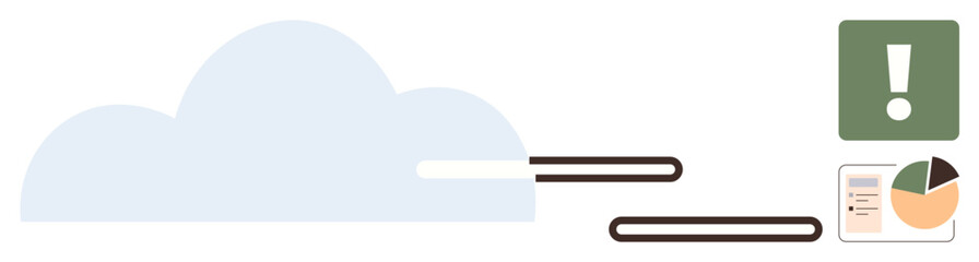 Cloud symbol connects to pie chart, document, and alert icon emphasizing data sharing, analysis, and notification. Ideal for technology, networking, analysis, reporting security alert systems