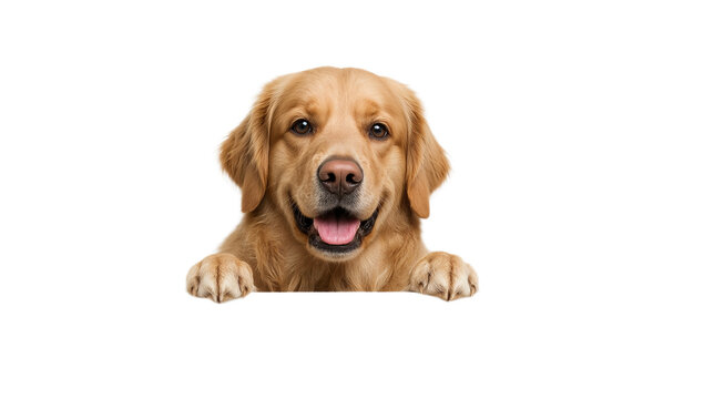 A charming golden retriever dog with a cheerful expression, peeking over a blank white banner. A high-resolution, realistic photograph isolated on a plain background