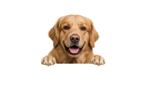 A charming golden retriever dog with a cheerful expression, peeking over a blank white banner. A high-resolution, realistic photograph isolated on a plain background - Powered by Adobe