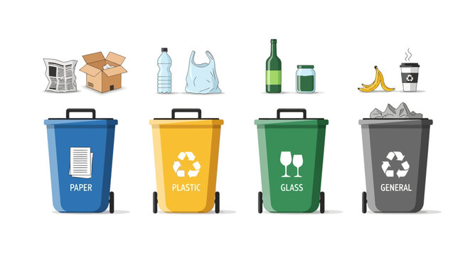 Depiction of four trash bins and corresponding trash items to go with the bins
