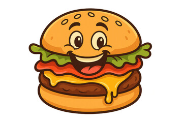 Happy cartoon burger character smiling, mascot for fast food and restaurant branding, fresh cheeseburger with melting cheese