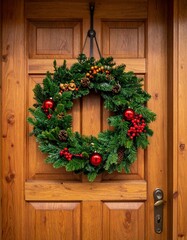 Festive Christmas Wreath Adorning a Wooden Door.