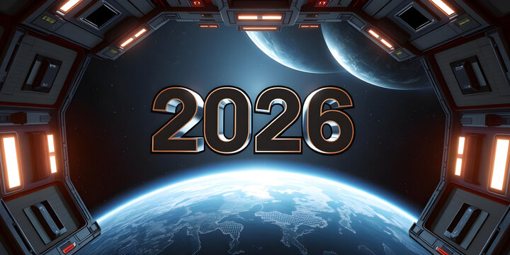 3D floating “2026” in zero-gravity space habitat, stars and planets in background, cinematic lighting.