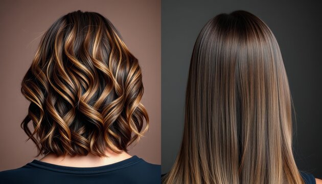 Hairstyle comparison: on the left, a square with waves and highlights, on the right, a smooth, straight square with a balayage. A demonstration of coloring