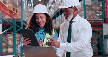 Happy, meeting and people on tablet in warehouse for supply chain, production and planning. Distribution, shipping and woman with supervisor on tech for logistics, inventory and delivery website - Powered by Adobe