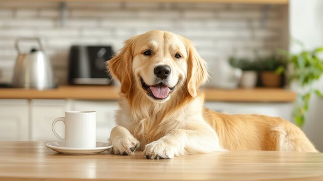 Happy Golden Retriever Dog Sitting on Table with Coffee Mug