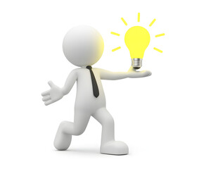 3d white man character running with bright yellow light bulb symbolizing a new idea or innovation