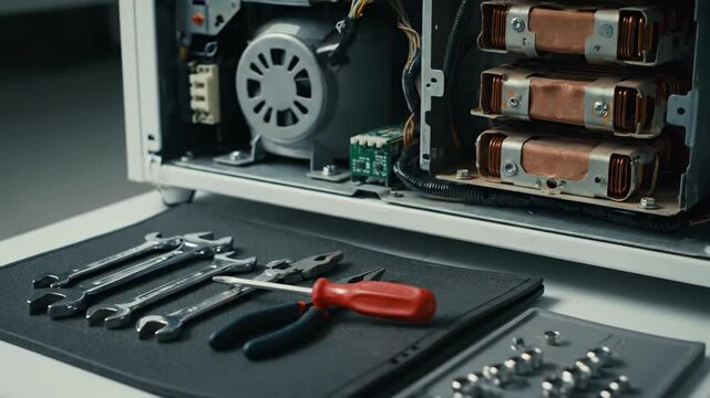 Opened electronic device with exposed internal components like copper coils and motor, surrounded by repair tools on desk footage