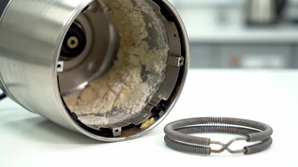 Man inspecting a broken electric appliance, showing a heating element and residual food after malfunction footage.