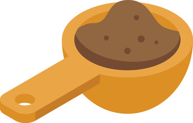 Yellow plastic measuring spoon containing ground coffee or protein powder, ideal for precise measuring in kitchen or gym