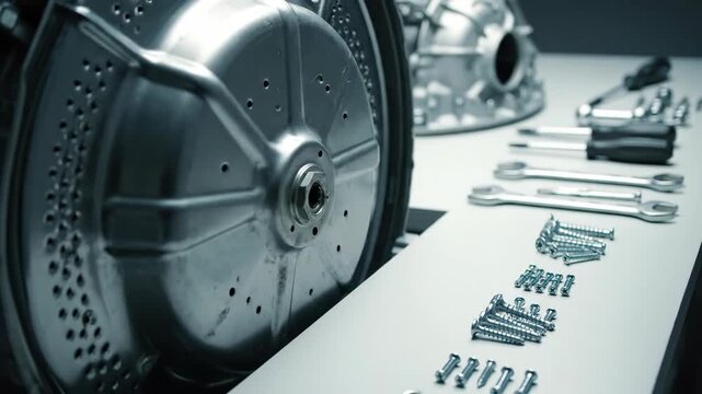 Washing machine drum with repair tools and screws on table. Appliance breakdown and home maintenance concept footage.