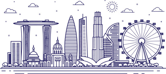 Singapore Skyline Sketch with Marina Bay Sands, Merlion, and Gardens by the Bay &ndash; Cultural Line Art for Travel, Tourism, and Design Projects