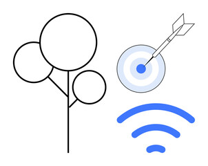 Simple tree line art, wireless signal, and dart hitting a target combine nature, connectivity, and precision. Ideal for sustainability, innovation, growth, connection environment focus