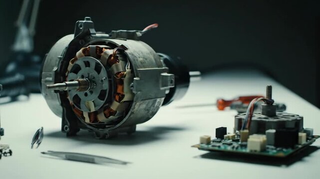 Disassembled electric motor and components for repair. Maintenance of household appliances and electronic devices. Engineering footage.