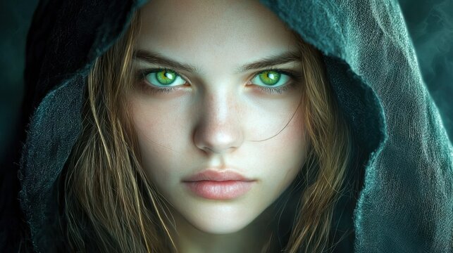 Mysterious Young Woman with Green Eyes and Hooded Cloak - Powered by Adobe