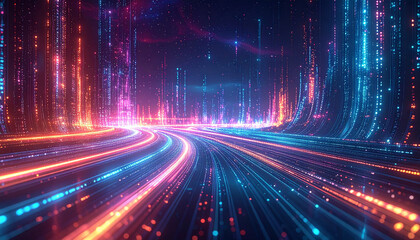 Flowing futuristic data streams with glowing digital lines, abstract cyber background. No people, no text, no watermark.
