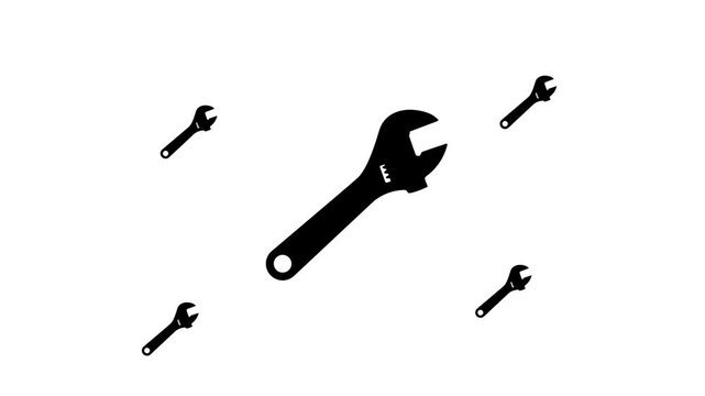 Zoom in and out animation the adjustable wrench symbol. Large black symbol in the center and four small symbols around. Seamless looped 4k animation on white background