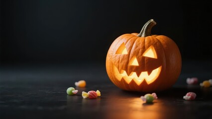 A Halloween pumpkin lantern with colorful candies is placed on a dark background, creating a mysterious, eerie and childlike festival atmosphere.
