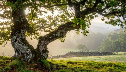 Ancient Oak Tree in Misty Meadow Landscape.
