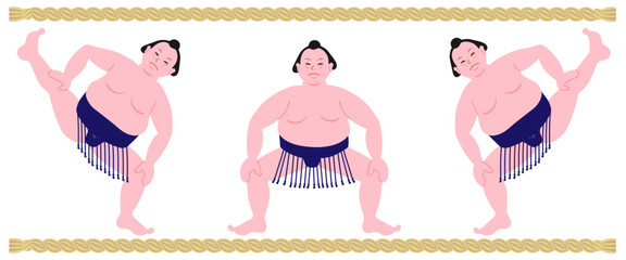 Vector illustration of cute sumo wrestler doing shiko stomping exercise in three poses, flat design