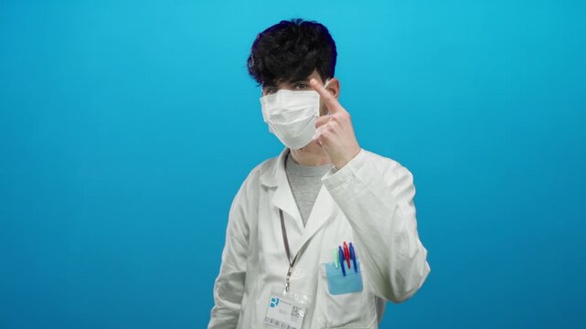Young man in a white coat wearing a mask points at his face against a blue background, emphasizing medical awareness and responsibility.
