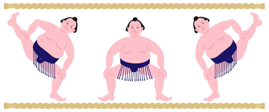 Vector illustration of cute sumo wrestler doing shiko stomping exercise in three poses, flat design