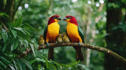 Obraz premium Colorful Tropical Birds Nesting in Lush Green Forest Environment